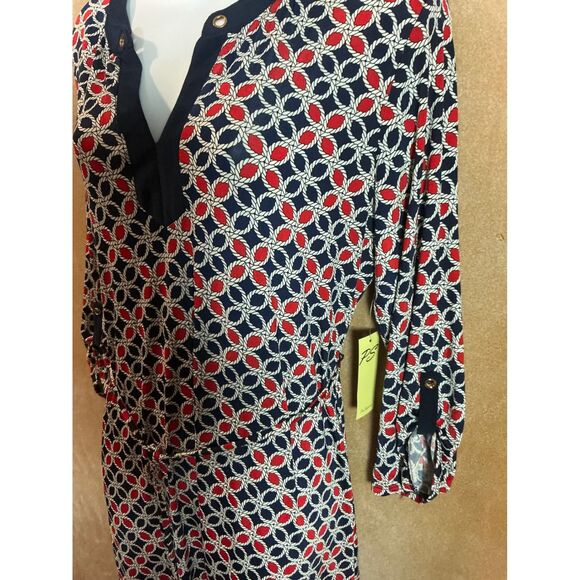 Per Sption Concept Navy Red White Geometric Print V Neck Midi Dress Women L - Picture 3 of 10